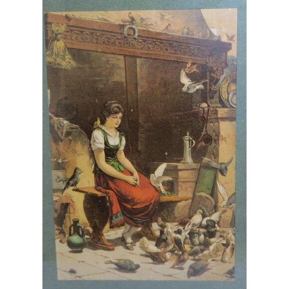 Antique Color Lithograph ~Among Friends~ circa 1880's  Woman Watching Birds - Picture 2 of 3
